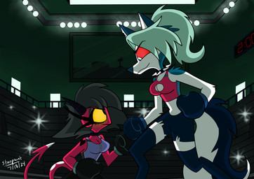 absolute_territory anthro black_bottomwear black_clothing black_hair black_shorts bottomwear boxing boxing_attire boxing_gloves breasts camera_flash cleavage cleavage_cutout clothed clothed_anthro clothed_female clothed_humanoid clothing cutout duo eye_contact eyelashes female fighting_ring fur grey_hair hair handwear heart_tattoo inside larger_anthro larger_female legwear long_eyelashes looking_at_another midriff ponytail red_body red_sclera red_skin shorts size_difference smaller_female smaller_humanoid spade_tail sport tail tattoo thigh_highs white_body white_fur yellow_sclera starpaintart hellaverse helluva_boss mythology loona_(helluva_boss) millie_(helluva_boss) canid canid_demon canine demon hellhound humanoid imp mammal mythological_canine mythological_creature 2024 absurd_res hi_res