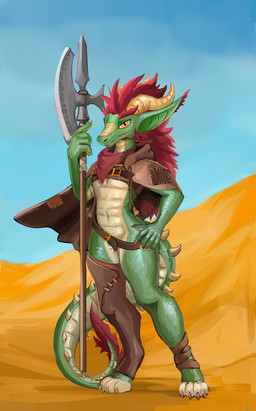 5_fingers anthro belt biped bottomless claws cloak clothed clothing countershade_torso countershading curved_horn desert digitigrade exposed_chest eyebrows featureless_crotch feet finger_claws fingers fur fur_tuft green_body green_scales hair hand_on_hip hand_on_weapon horn kerchief leather leather_clothing legwear long_ears long_hair looking_at_viewer male melee_weapon multicolored_body multicolored_scales navel neckerchief neckwear non-mammal_navel partially_clothed poleaxe red_hair rope scales simple_background solo spiked_tail spikes spikes_(anatomy) standing tail tan_body tan_scales teeth thick_thighs toe_claws topwear tuft two_tone_body two_tone_scales unsigned weapon yellow_eyes nifirr kobold reptile scalie 2023 absurd_res colored digital_media_(artwork) full-length_portrait hi_res portrait shaded