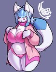 4_fingers anthro anthrofied big_breasts biped blue_hair bodily_fluids bra breasts chest_tuft clothed clothing curvy_figure eyelashes female fingers fluffy hair huge_breasts looking_down open_mouth panties pink_eyes pokemorph scarf simple_background slightly_chubby solo standing sweat thick_thighs tuft underwear voluptuous wide_hips alwaysfaceleft nintendo pokemon eeveelution generation_4_pokemon glaceon pokemon_(species) absurd_res hi_res portrait three-quarter_portrait