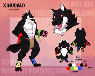 abs anthro arm_tuft black_body black_fur bottomwear brown_bottomwear brown_clothing brown_loincloth chest_tuft chibi claws closed_smile clothed clothing color_swatch elbow_tuft front_view fur glistening glistening_eyes head_tuft loincloth male mouth_closed muscular muscular_anthro muscular_male neck_tuft open_mouth open_smile pawpads pecs pink_claws pink_pawpads rear_view red_eyes shoulder_tuft simple_background simple_eyes smile solo standing text three-quarter_view topless tuft white_body white_fur asnnonaka xinuodao canid canine canis mammal wolf artist_name english_text model_sheet