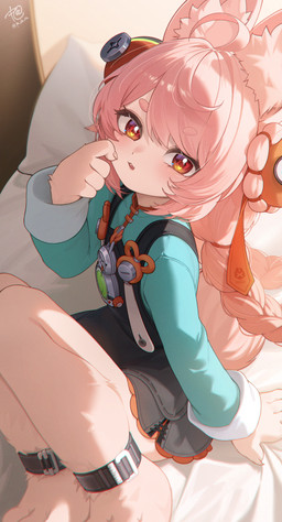 ahoge anklet anthro barefoot bed braided_pigtails clothed clothed_anthro clothed_female clothing feet female flat_chested fully_clothed fully_clothed_anthro fully_clothed_female fur furniture hair inner_ear_fluff jewelry on_bed overall_dress pink_body pink_fur pink_hair red_eyes solo tuft padora mihoyo zenless_zone_zero zhao_(zenless_zone_zero) lagomorph leporid mammal rabbit thiren 2025 absurd_res hi_res