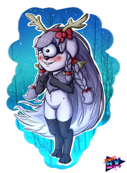 anthro antlers black_body black_fur blush cold female fur hair hooves horn long_hair ribbons shortstack smile solo white_body white_fur winter young young_anthro young_female radiobx don't_starve klei_entertainment cyclops deer deerclops mammal hi_res