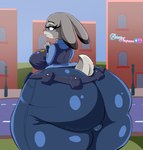 anthro big_breasts big_butt bottom_heavy breasts bubble_butt butt clothing curvy_figure female huge_butt hyper hyper_butt police police_uniform purple_eyes short_stack solo thick_thighs uniform wide_hips pixelluvbytez disney judy_hopps_allegation_challenge zootopia judy_hopps lagomorph leporid mammal rabbit hi_res