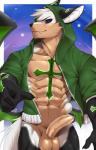 abs anthro balls biceps biped black_body black_fur black_nose bottomless brown_body brown_fur claws clothed clothing erection fangs fur genitals green_clothing green_hoodie green_topwear hoodie humanoid_genitalia humanoid_penis male membrane_(anatomy) membranous_wings muscular muscular_anthro muscular_male open_clothing open_hoodie open_topwear pecs penis scar smile solo standing tattoo teeth topwear vein veiny_penis white_body white_fur wings sollyz bat canid canine canis hybrid mammal wolf hi_res