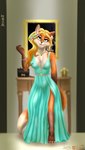 4_toes anthro belt blonde_hair blurred_background bracelet breasts claws cleavage clothed clothed_anthro clothed_female clothing detailed_background dipstick_tail dress ear_piercing evening_gown eyelashes fangs feet female female_anthro foot_tattoo front_view gloves_(marking) green_clothing green_dress hair inside jewelry leg_markings long_hair looking_at_viewer markings mirror open_mouth pearl_bracelet piercing pose side_slit socks_(marking) solo standing tail tail_markings teeth teeth_showing text toe_claws toes wenqu0304 canid canine fox mammal 2019 absurd_res dated digital_media_(artwork) digital_painting_(artwork) full-length_portrait hi_res japanese_text portrait shaded soft_shading