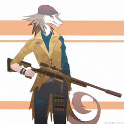 ambiguous_gender ammunition anthro clothing gun hat headgear headwear jacket ranged_weapon simple_background solo tail topwear torn_clothing weapon kanevex fallout microsoft kalin sergal 1:1 hi_res