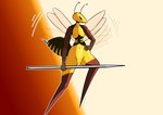 anthro breasts female fingers genitals gradient_background melee_weapon nude polearm pussy simple_background solo spear sting weapon wings yellow_body morfkey arthropod hornet hymenopteran insect vespid wasp absurd_res hi_res