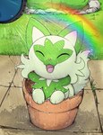 ambiguous_gender cute_fangs daww eyes_closed fangs feral fur grass happy open_mouth open_smile outside pink_nose plant plant_pot rainbow smile solo teeth water otakuap nintendo pokemon felid feline generation_9_pokemon mammal pokemon_(species) sprigatito 2022 digital_media_(artwork) hi_res