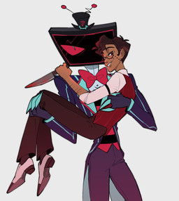 4_fingers antennae_(anatomy) blue_claws bottomwear bow_tie bridal_carry brown_eyes brown_hair carrying_another carrying_partner claws clothing duo electronics eyewear fingers flat_screen flat_screen_television flatscreen footwear for_a_head glasses grin hair half-closed_eyes hat headgear headwear holding_another holding_object holding_partner holding_weapon intimidation knife long_sleeves looking_at_viewer male male/male narrowed_eyes pants protective red_eyes screen screen_face serious serious_face shirt shoes short_hair simple_background size_difference smile suit television threatening topwear weapon wearing_glasses white_background ygoandchill hazbin_hotel hellaverse alastor_(hazbin_hotel) vox_(hazbin_hotel) human humanoid mammal object_head screen_head tv_head hi_res