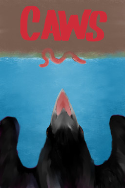 ambiguous_gender beak black_body black_feathers brown_eyes feathered_wings feathers feral grey_beak humor imminent_vore movie_poster open_beak open_mouth parody pink_body pink_skin poster poster_template predator/prey pun simple_background size_difference solo text visual_pun wings invader-yan jaws_(film) universal_studios annelid avian bird corvid corvus_(genus) crow earthworm oscine passerine 2021 2:3 digital_media_(artwork) english_description english_text hi_res