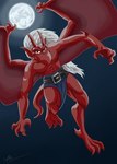 anthro belt bottomwear clothed clothing featureless_chest flying full_moon hair humanoid_pointy_ears loincloth loincloth_only looking_at_viewer male membrane_(anatomy) membranous_wings moon night pointy_ears red_body smile solo tail topless white_hair wings silverflyte disney gargoyles brooklyn_(gargoyles) gargoyle scalie hi_res