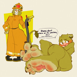 anthro armor blush brown_eyes butt claws clothing feet feet_up female firefighter firefighter_helmet firefighter_outfit foot_fetish foot_focus footwear happy headgear helmet hindpaw hose looking_at_viewer pawpads paws plantigrade ruborised shy soles solo speech_bubble spread_toes tail tail_tuft toe_claws toeless_footwear toes tuft avalony conditional_dnp evita_fuegos animal_humanoid felid felid_humanoid feline feline_humanoid humanoid lion mammal mammal_humanoid pantherine 1:1 hi_res