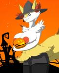 anthro big_breasts breasts female genitals holidays looking_at_viewer nipples pussy simple_background smile solo rheumatism halloween nintendo pokemon braixen canid canine generation_6_pokemon mammal pokemon_(species) hi_res