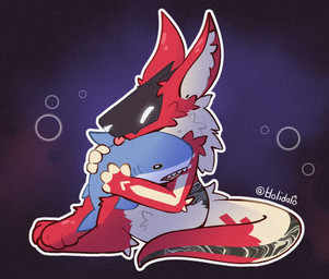 ambiguous_gender anthro blep inner_ear_fluff neck_tuft plushie side_view sitting smile solo tail tongue tongue_out tuft holidalo ikea blahaj saltyexos mantled_beast unknown_species hi_res