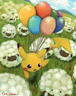 ambiguous_gender anthro balloon cloud feral flying fur grass group horn inflatable male open_mouth plant sky tail white_body white_fur white_wool wool_(fur) yellow_body yellow_eyes gyuragyura nintendo pokemon bovid caprine generation_1_pokemon generation_8_pokemon mammal pikachu pokemon_(species) wooloo 2025 signature