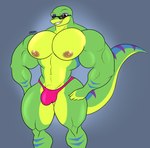 abs anthro barazoku biceps big_muscles big_pecs black_eyes bulge clothed clothing eyewear glasses green_body grin male markings multicolored_body muscular muscular_anthro muscular_legs muscular_male narrowed_eyes navel nipples pecs pink_clothing pink_underwear quads scales smile smug solo striped_markings striped_tail stripes sunglasses tail tail_markings thick_tail thick_thighs thong underwear yellow_body ratchetjak gex_(series) playstation sony_corporation sony_interactive_entertainment gex_the_gecko gecko lizard reptile scalie hi_res