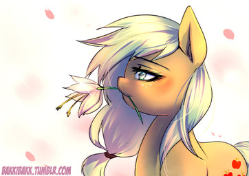 accessory blonde_hair cutie_mark female feral flower fur glistening glistening_eyes green_eyes hair hair_accessory hair_tie long_hair looking_forward plant side_view simple_background smile solo text white_background yellow_body yellow_fur bakki friendship_is_magic hasbro my_little_pony applejack_(mlp) earth_pony equid equine horse mammal pony 2014 digital_media_(artwork) url