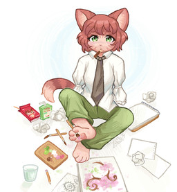 alternate_species amputee anthro barefoot beverage bottomwear brown_body brown_fur brown_hair brown_necktie brush clothed clothed_anthro clothed_female clothing container cup disability feet female female_anthro foot_hold front_view fully_clothed fully_clothed_anthro fully_clothed_female fur furrification glass glass_container glass_cup green_bottomwear green_clothing green_eyes green_pants hair hindpaw holding_brush holding_object holding_paintbrush inner_ear_fluff kemono missing_arm mole_under_mouth necktie paintbrush painting_(action) painting_(object) pants paper pawpads paws pencil_(object) pink_body pink_fur pink_inner_ear pink_pawpads pocky_in_mouth shirt short_hair sitting sketchbook solo tan_inner_ear_fluff topwear tuft water_glass white_clothing white_shirt white_topwear chatoyancy katawa_shoujo rin_tezuka domestic_cat felid feline felis mammal 2025 full-length_portrait hi_res portrait