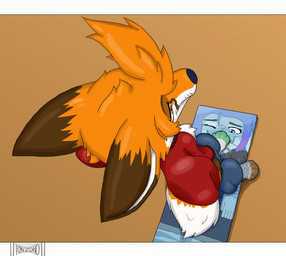 after_transformation anthro blue_body blue_clothing blue_eyes bottomwear brown_body brown_fur clothed clothing duo feet flattened flattening_fetish footwear fur hair male male/male markings multicolored_body one_eye_closed orange_body orange_fur orange_hair pants paws red_clothing simple_background smile socks solo tail topwear trampling white_body white_fur tonzono canid canine fox mammal true_fox digital_media_(artwork) hi_res letterbox