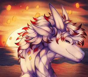 beach blue_eyes feral hair horn looking_at_viewer male scales smile solo sunset white_body white_scales moliin mythology fry_(frythedragon) dragon mythological_creature mythological_scalie scalie headshot_portrait hi_res portrait