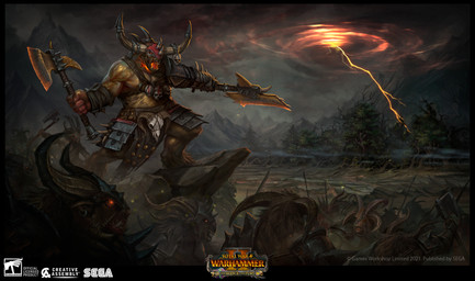 anthro armor axe bone cloud detailed_background electricity glowing glowing_eyes glowing_mouth group headgear helmet holding_axe holding_object horn horned_helmet lightning male mountain muscular muscular_male open_mouth outside pauldron plant sharp_teeth skull teeth tree klaher_baklaher total_war:_warhammer warhammer_(franchise) beastman_(warhammer) 2021 digital_media_(artwork) hi_res official_art