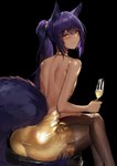 alcohol animal_ears animal_tail backless_clothing backless_dress backless_topwear bedroom_eyes beverage blushing_at_viewer bulge canine_ears canine_tail champagne champagne_glass clothed clothing clothing_bulge container crossdressing cup dark_body dark_skin dress drinking_glass femboy flat_chested furniture glass glass_container glass_cup hair legwear narrowed_eyes pantyhose purple_hair seam_(sewing) seductive smile smiling_at_viewer solo stool yellow_eyes vloodozer azhar_anara animal_humanoid canid canine canis humanoid jackal mammal absurd_res hi_res