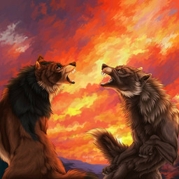 ambiguous_feral ambiguous_gender black_body black_fur black_lips black_nose blue_eyes brown_body brown_fur brown_nose duo fangs feral fight fur lips open_mouth outside tan_body tan_fur teeth text yellow_eyes msdeadsoul canid canine mammal 1:1 2024 artist_name dated hi_res