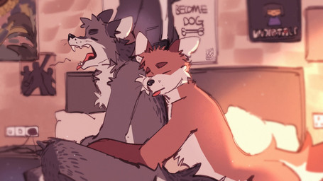 bed bedroom blep duo eyes_closed fur furniture grey_body grey_fur hug hugging_another hugging_from_behind male nude_anthro nude_male on_bed open_mouth orange_body orange_fur poster slim_anthro slim_male tongue tongue_out waking_up white_body white_fur yawn hemuchang canid canine fox mammal 16:9 2022 hi_res widescreen