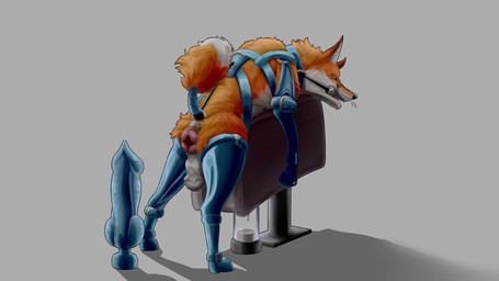 anal anus balls bdsm bodily_fluids bondage bound breeding_stand feral gaping gaping_anus genitals latex male penile penis_milking solo seasonalfungi canid canine fox mammal red_fox true_fox 16:9 hi_res widescreen