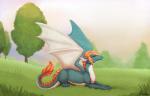 feral field fur grass hair happy lying membrane_(anatomy) membranous_wings multicolored_body multicolored_fur orange_hair plant smile solo tail tree two_tone_body two_tone_fur wings aseethe mythology drakeor dragon mythological_creature mythological_scalie scalie digital_media_(artwork) hi_res