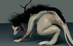 3d_(artwork) alien all_fours antlers big_butt butt claws digital_media_(artwork) failsafe272 female feral fur fur_markings grey_body grey_fur hi_res horn kivouackian long_claws long_ears looking_at_viewer markings multi_tail scar shadow short_fur simple_background solo stitch_(disambiguation) tail white_eyes winifred_(fennah) wounded