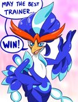 ambiguous_gender anthro beak blue_body blue_eyes blue_feathers feathers looking_at_viewer simple_background smile solo standing text wide_hips zurdomon nintendo pokemon avian bird generation_9_pokemon pokemon_(species) quaquaval english_text