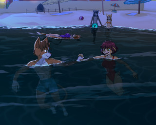 4_toes 5_fingers anthro beach bikini bikini_bottom bikini_top black_hair blonde_hair breasts brown_body brown_fur brown_hair clothed clothed_anthro clothed_female clothed_male clothing exposure_variation eyewear feet female fingers floating fur glasses grey_body grey_fur group hair hand_holding hindpaw humanoid_hands interspecies interspecies_romance love male male/female multicolored_body multicolored_fur night one-piece_swimsuit outside partially_submerged paws public romantic romantic_ambiance romantic_couple swimming swimming_trunks swimwear tail toes topless topless_anthro topless_male two-piece_swimsuit two_tone_body two_tone_fur walking water wearing_glasses white_body white_fur diacordst on_your_tail chea_(on_your_tail) diana_caproni_(on_your_tail) lexua_(on_your_tail) paun_(on_your_tail) peina_(on_your_tail) bovid calico_cat canid canine canis caprine domestic_cat felid feline felis goat mammal tabby_cat wolf 5:4 hi_res