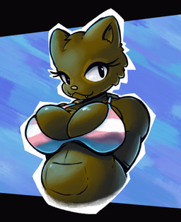 ambiguous_gender anthro belly bikini breasts brown_body brown_fur clothing eyelashes fangs fur hands_behind_back low-angle_view overweight simple_background smile swimwear teeth two-piece_swimsuit under_boob z_dragon macropod mammal marsupial quokka trans_(lore) trans_woman_(lore)