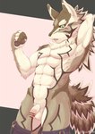 abs anthro areola arm_tuft balls black_nose black_sclera blush bottomwear bottomwear_down brown_body brown_fur censor_bar clothed clothing countershading ear_piercing ear_ring elbow_tuft flaccid fluffy fluffy_tail foreskin fur genitals glans green_eyes hand_behind_head humanoid_genitalia humanoid_penis kemono male mane mostly_nude mostly_nude_anthro mostly_nude_male muscular muscular_anthro muscular_male navel nipples pants pants_down partially_clothed pecs penis piercing pink_areola pink_glans pink_nipples pose ring_piercing serratus solo striped_body striped_fur stripes tail tan_body tan_fur tuft white_balls white_body white_fur white_penis reizohozon lifewonders tokyo_afterschool_summoners seth_(tas) canid canine canis jackal mammal 2020 censored digital_media_(artwork) portrait three-quarter_portrait