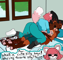 anthro barefoot bed bed_covers bedding bedroom brown_body brown_fur brown_hair clothed clothing countershade_feet countershading crouched_over duo feet female footwear fully_clothed fur furniture hair inside long_hair lying lying_on_bed male on_bed pillow pink_body pink_fur pink_hair socks text tickling ticklebunny evelyn_(ticklebunny) roxxko_(ticklebunny) canid canine fox mammal digital_media_(artwork) english_text hi_res