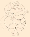 3_toes 4_fingers anthro arm_rolls barefoot belly belly_rolls big_belly blep bottomwear bra breasts cleavage clothed clothing fat_rolls feet female fingers gesture hand_gesture midriff navel obese obese_anthro obese_female overweight overweight_anthro overweight_female pants partially_clothed shorts simple_background solo standing tail tan_background thumbs_up toes tongue tongue_out underwear wings aimbot-jones mythology nintendo pokemon valentina_(aimbot-jones) charizard dragon generation_1_pokemon mythological_creature mythological_scalie pokemon_(species) scalie 2021 hi_res sketch