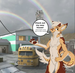 anthro arm_markings bottomless bottomless_male clothed clothing detailed_background dialogue dragon_tail facial_markings fangs fluffy fur hair happy head_markings horn male markings neck_tuft nude nuketown open_mouth orange_body orange_fur orange_hair outside smile solo speech_bubble striped_markings stripes tail tail_tuft teeth teeth_showing text topless topless_male tuft white_hair typeera activision call_of_duty european_mythology mythology keuro_(typeera) dragon furred_dragon furred_scalie mythological_creature mythological_scalie scalie western_dragon english_text hi_res meme