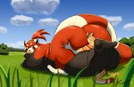 anthro big_butt blep butt cloud day face_in_ass field fur grass hair looking_back male male/male obese outside overweight overweight_anthro overweight_male plant plus-sized_femboy ponytail size_difference sky smile tail thick_thighs tongue tongue_out tree kazecat akai_(kazecat) axton_(ns22) ailurid felid mammal pantherine red_panda tiger 2021 digital_media_(artwork) hi_res