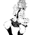 bottomwear breasts clothing ear_fins eye_patch eyebrows eyelashes eyewear female fin hair legwear monotone_background sharp_teeth shirt shirt_pocket sitting skirt solo stockings sweater teeth topwear nuba_ball undertale undertale_(series) undyne animal_humanoid fish fish_humanoid humanoid marine marine_humanoid monochrome