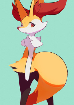 3_fingers ambiguous_anthro ambiguous_gender anthro arm_tuft biped black_body black_fur cheek_tuft chest_tuft digitigrade dipstick_tail eyelashes facial_tuft fingers fokko fur head_turned inner_ear_fluff looking_at_viewer looking_back looking_back_at_viewer markings mouth_closed multicolored_body multicolored_fur nude_ambiguous nude_anthro orange_body orange_eyes orange_fur orange_nose orange_tail pointy_ears prick_ears rear_view shoulder_tuft simple_background snout solo standing tail tail_markings teal_background three-quarter_view tuft two_tone_tail white_body white_fur yellow_body yellow_fur yellow_tail nintendo pokemon braixen canid generation_6_pokemon mammal pokemon_(species) 2022 absurd_res digital_media_(artwork) digital_painting_(artwork) english_description hi_res painting_(artwork) portrait shaded three-quarter_portrait
