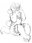 anthro chest_spike clean_diaper clothed clothing covering covering_eyes covering_face diaper ears_up embarrassed hat headgear headwear male paws scarf simple_background solo spikes spikes_(anatomy) tail wearing_diaper white_background slusheep nintendo pokemon generation_4_pokemon lucario pokemon_(species) 2017 hi_res monochrome sketch