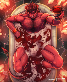 abs alcohol athletic athletic_humanoid athletic_male bangle bathing bathtub beverage biceps black_hair body_hair candle chest_hair container convenient_censorship cup drinking_glass foam glass glass_container glass_cup gold_(metal) gold_jewelry grin hair holding_glass holding_object horn humanoid_pointy_ears jewelry looking_at_viewer looking_up lying male navel nipples not_furry nude open_mouth partially_submerged pecs pointy_ears red_body red_eyes red_skin short_hair simple_background smile solo spade_tail tail teeth wine wine_glass yeiko_art demon horned_humanoid humanoid 2022 hi_res