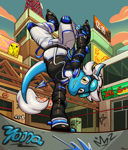 anthro black_clothing black_gloves black_handwear black_jacket black_topwear blue_body blue_bottomwear blue_clothing blue_eyewear blue_goggles blue_pants blue_scales blue_shirt blue_topwear bottomwear clothing detailed_background elbow_pads eyewear eyewear_on_head fingerless_gloves fisheye_lens footwear gloves goggles goggles_on_head graffiti grin handstand handwear inline_skates jacket jewelry knee_pads looking_at_viewer male necklace on_one_hand outside pants pose pupils roller_skates scales shirt smile smirk solo tail tail_tuft topwear tuft white_body white_bottomwear white_clothing white_pants white_scales yellow_eyes felino ambient_among_us mythology yoona_long dragon mythological_creature mythological_scalie scalie 2026 absurd_res hi_res meme