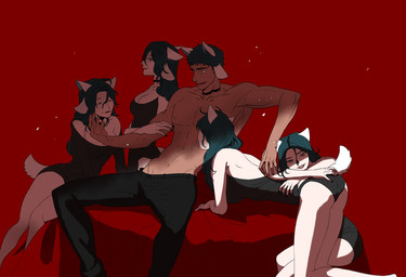 anthro anthrofied breasts clothed clothing female group harem male muscular partially_clothed smile tight_clothing white_body white_skin sanslover undertale undertale_(series) temmie_(undertale) mammal tem 2016 hi_res