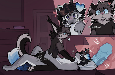 anthro blush blush_lines cowgirl_position duo female from_front_position male male/female on_bottom on_top onomatopoeia penetration pleading_eyes romantic romantic_sex sex sound_effects text vaginal vaginal_penetration x-ray_view splitserval canid canine canis caracal caracal_(genus) domestic_dog felid feline lynx mammal hi_res