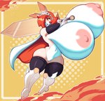 anthro areola big_breasts boots breasts cape clothing female footwear genitals hair hair_over_eye heart_pupils holding_melee_weapon holding_object holding_sword holding_weapon huge_breasts hyper hyper_breasts legwear melee_weapon mostly_nude multicolored_body nipples open_mouth orange_eyes orange_hair pink_areola pink_nipples pussy shoes solo sword thigh_highs two_tone_body weapon l-a-v clare_(themushlord) lagomorph leporid mammal rabbit hi_res