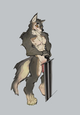 anthro biped casual_nudity digitigrade embarrassed flaccid genitals grey_background humanoid_genitalia humanoid_penis looking_at_viewer male male_anthro melee_weapon nude_anthro nude_male penis pose simple_background solo stanced_up standing sword three-quarter_view weapon yellow_sclera canid canine canis mammal wolf digital_drawing_(artwork) digital_media_(artwork) full-length_portrait hi_res portrait restricted_palette shaded simple_shading
