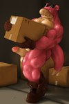 2:3 anthro anthrofied balls biceps blue_eyes bodily_fluids boots boots_only box butt cardboard cardboard_box carrying_another chase_(tjloog) clothing container erection eyewear footwear footwear_only generation_1_pokemon genitals gloves grey_background handwear hi_res humanoid humanoid_genitalia humanoid_penis leather male mostly_nude moving muscular nintendo nipples non-mammal_balls non-mammal_nipples packing_tape pecs penis pink_body pink_skin pokemon pokemon_(species) pokemorph shoes shoes_only simple_background slightly_chubby slowpoke solo story story_in_description sunglasses sweat tail tan_body tan_skin tjloog