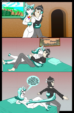 anthro bed black_clothing black_shirt black_topwear blue_hair blue_hooves blue_mane brush butt clothing female furniture hair hoof_hands hooves horn human_on_anthro_romance jewelry kissing lying male mane multicolored_jewelry multicolored_necklace necklace on_side paintbrush rainbow_jewelry rainbow_necklace rainbow_symbol shirt shoulder_massage tail tail_around_partner tail_coil tail_hug text topwear unguligrade lyonley mob_entertainment mythology poppy_playtime smiling_critters the_succubus_hunt craftycorn lance_(the_succubus_hunt) mia_(the_succubus_hunt) equid equine human mammal mythological_creature mythological_equine unicorn comic english_text hi_res